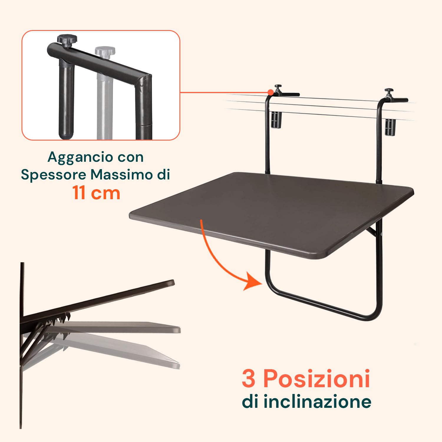 Avilia Tavolino Pieghevole da Balcone e Terrazzo con Struttura in Metallo, Ripiano in Acciaio, Regolabile e Salvaspazio - Tavolo da Ringhiera Pieghevole per 2 Persone