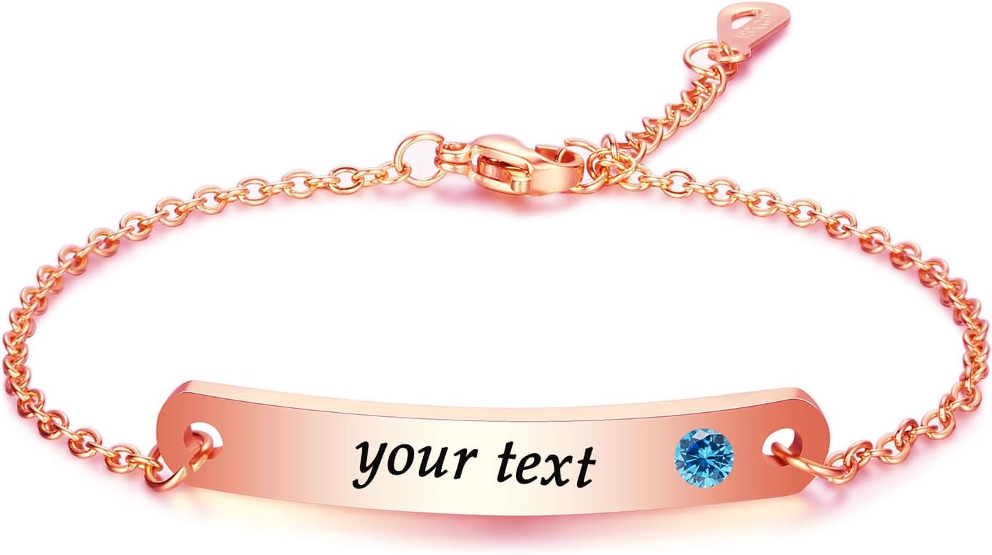 MRENITE Personalized Name Bar Bracelet with Simulated Birthstone Soild 10k/14k/18k Gold Inspirational Gift Handmade Customized Engraved Initial ID Coordinates Charm Christmas