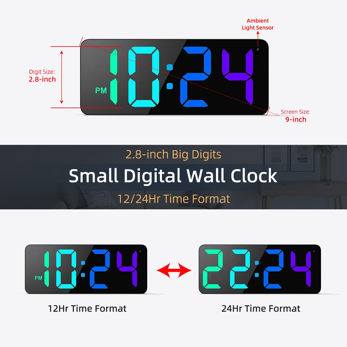 Horloge murale numérique LED avec affichage RVB dynamique, gros chiffres, luminosité automatique, format 12/24 heures, petite horloge murale électrique moderne silencieuse pour salon, chambre, salle