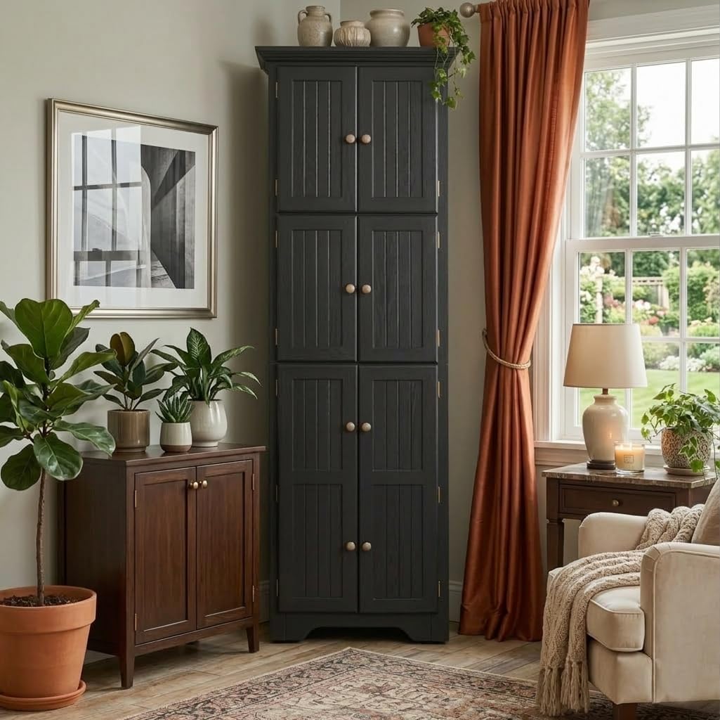 Corner Storage Cabinet 72" H Wooden Kitchen Pantry with 8 Doors, Freestanding Bookshelf Cabinet with Adjustable Shelves for Living Room (Black & Style 2)