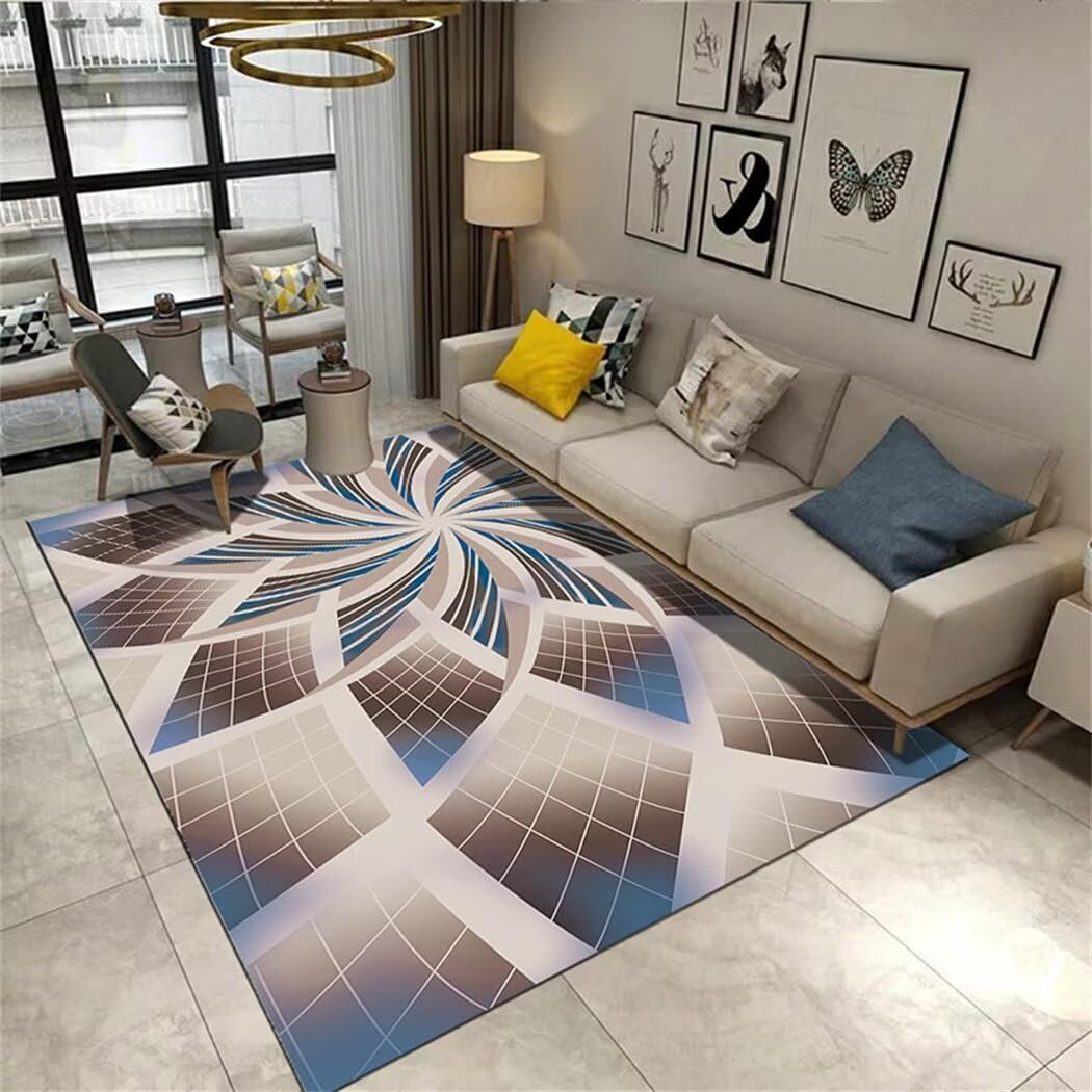 Tapis lavable 150x200cm bleu à motif rayé pour chambre enfant