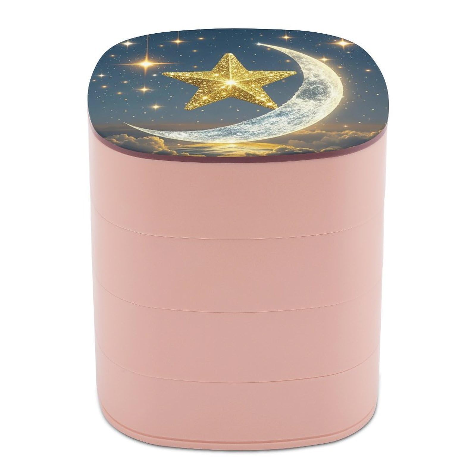 FekiLoot Golden Stars And Moon Jewelry Box 4-Layers Rotatable Jewelry Organizer Storage Box with Mirror Cute Travel Jewelry Case Portable Earring Holder Organizer for Ring Necklace Bracelet