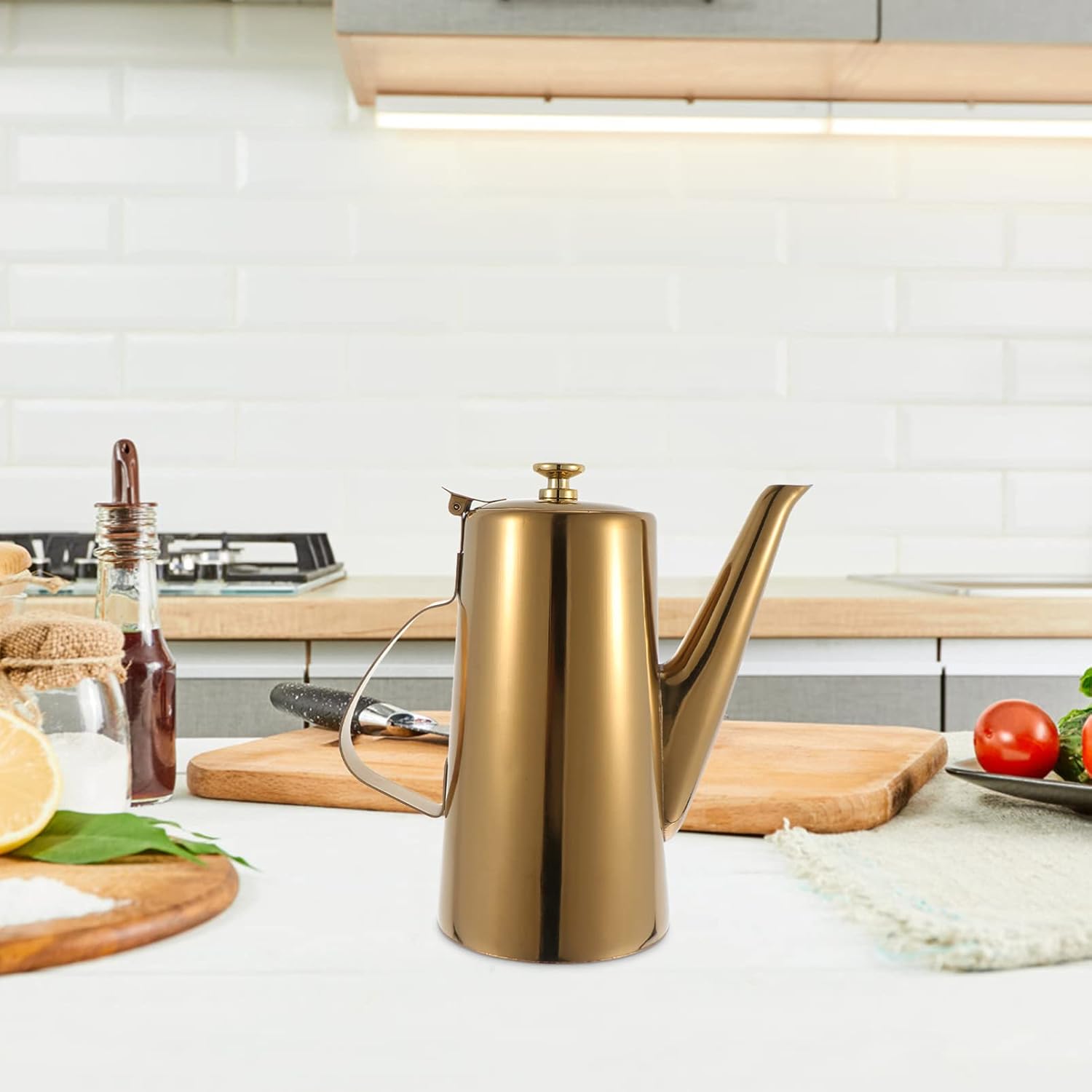 Cabilock Stainless Steel Gold Oil Dispenser Bottle 9.25 Inch Cold Water Kettle with Kitchen Strainer for Olive Oil Vinegar and Condiments