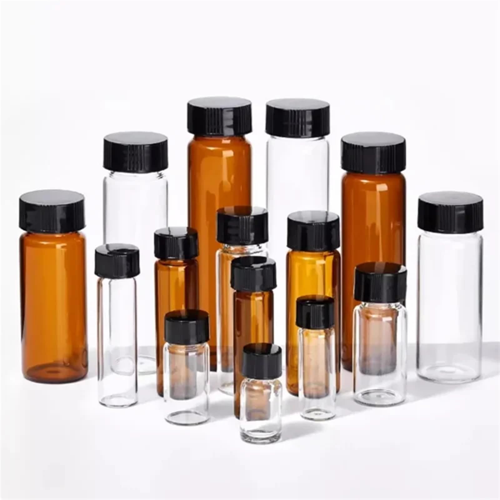 Szklana butelka laboratoryjna na odczynniki, 20 szt. Szklanych butelek laboratoryjnych na próbki Fiolki z odczynnikami Wielokolorowe 3–50 ml z zakrętkami(50ml brown)