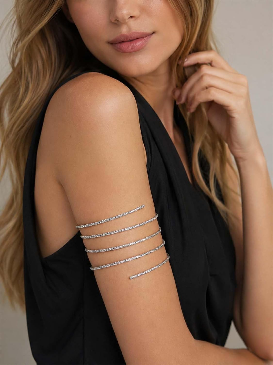 3/5 Layered Rhinestone Arm Cuff Jewelry for Women Silver Shiny Bangle Bracelet Soft Adjustable Arm Bracelet Crystal Upper Arm Bling Arm Jewelry