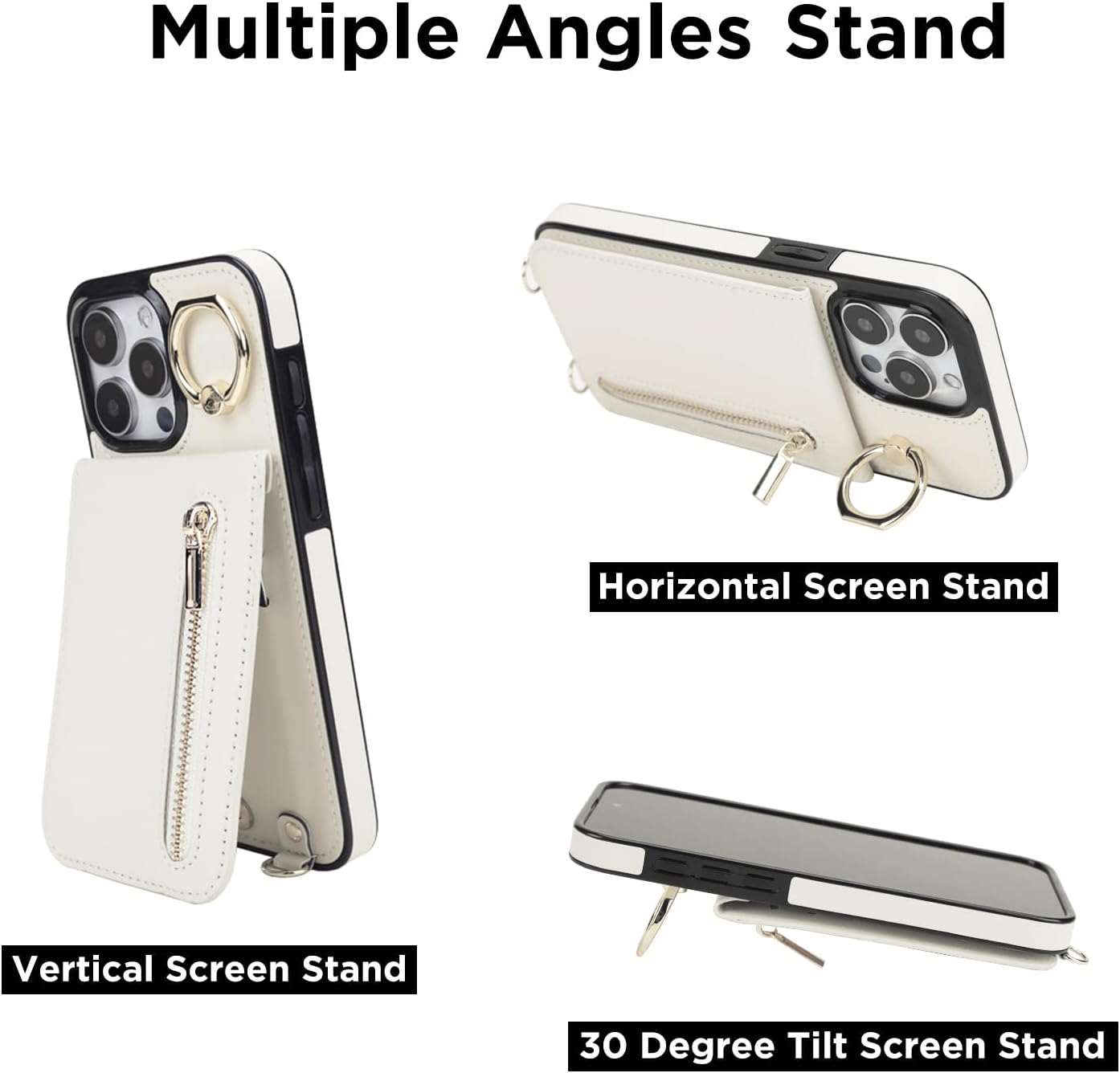 uCOLOR for iPhone 15 Pro Max Wallet Case with Card Holders for Women, Crossbody Zipper Protective Leather Case with Strap Wrist Ring RFID Protective 6.7" (Beige, iPhone 15 Pro Max 6.7") - Image 4