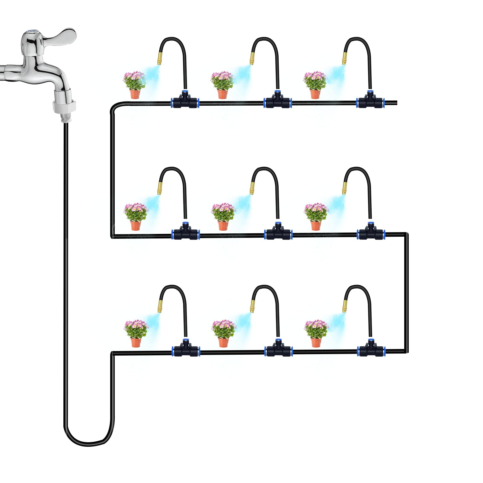 Kit di irrigazione a goccia pieghevole da 1,2 m, sistema di irrigazione delle piante regolabile a 360° + 20 giunti a T aggiornati + 15 ugelli nebulizzatori + adattatore standard per rubinetto +