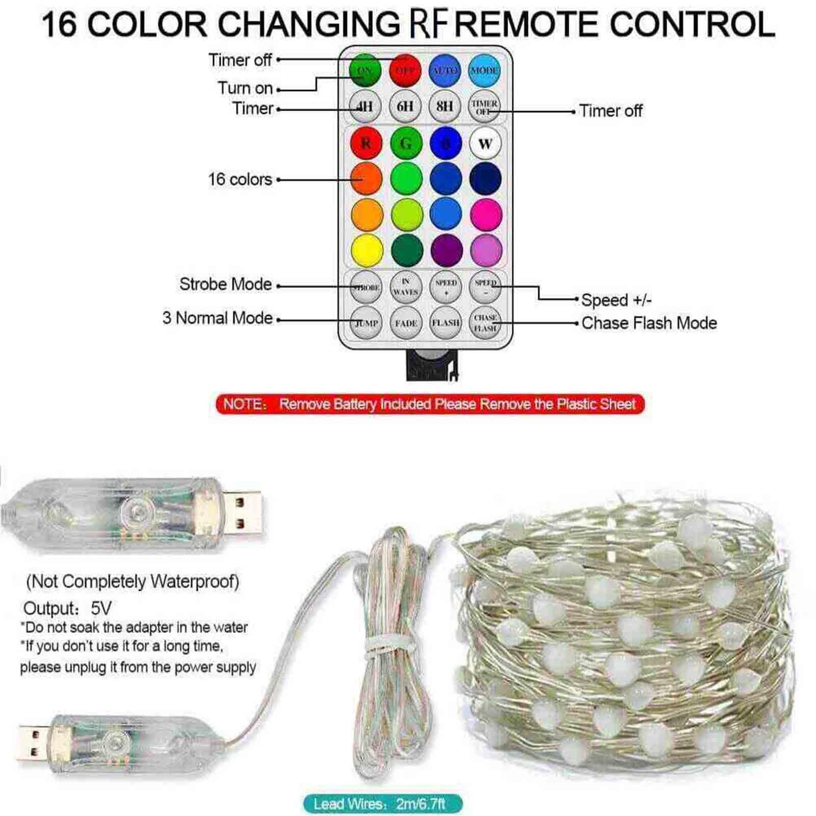 Filo di luci LED RGB, filo di rame, con telecomando, illuminazione decorativa per alberi di Natale ed eventi festivi, 50 luci, lunghezza 5 m