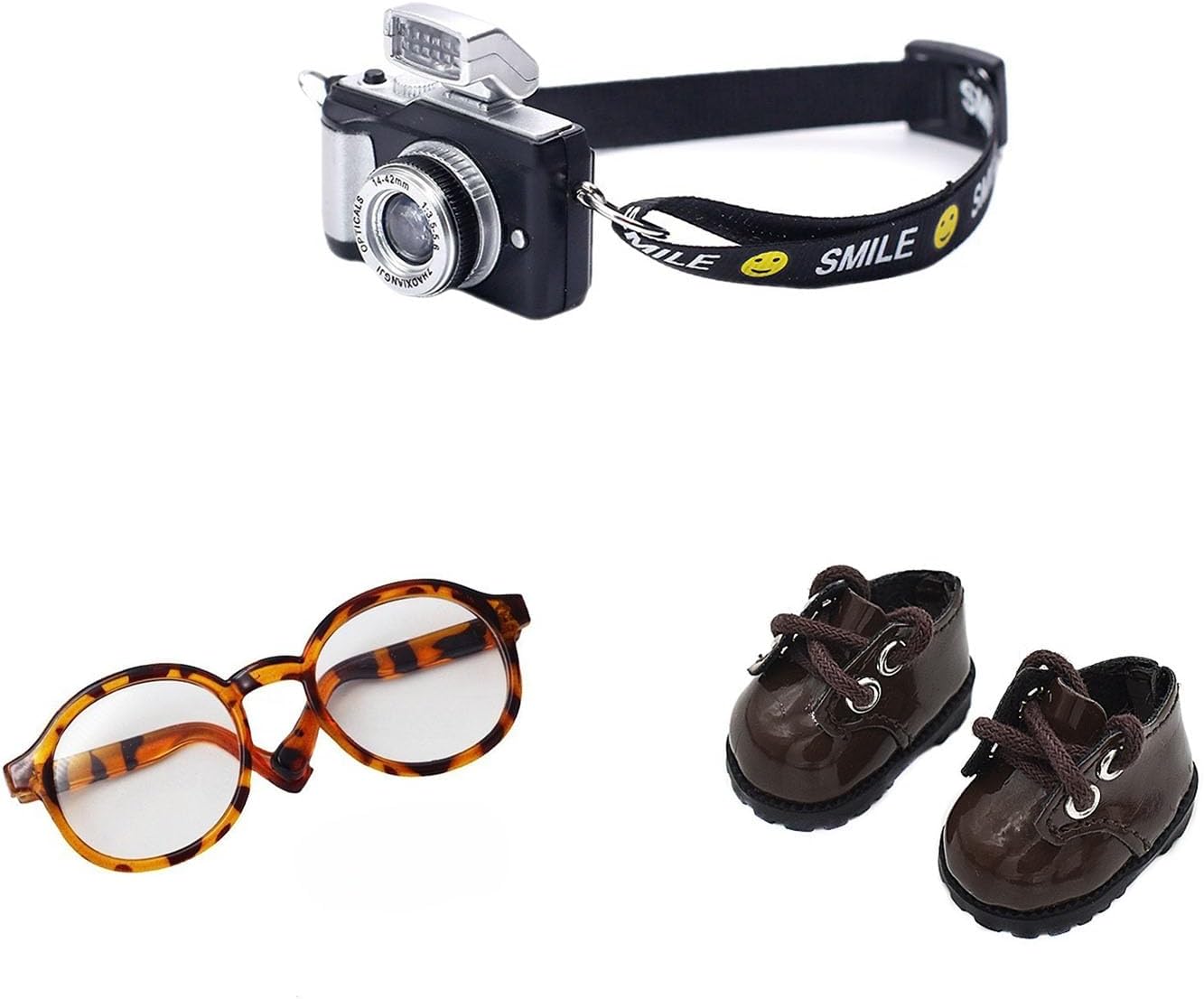 人形アクセサリー3点セットには、ミニメガネ、カメラ、ミニシューズが