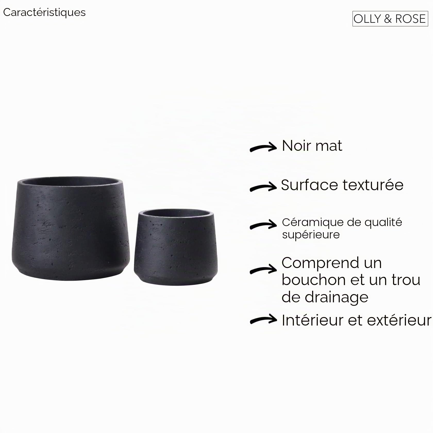 Copenhagen Lot de 2 Pots de Fleurs en céramique Noir Mat – Pots de Ciment en céramique pour intérieur et extérieur – Effet texturé – Pots de Fleurs de Grande et Moyenne Taille