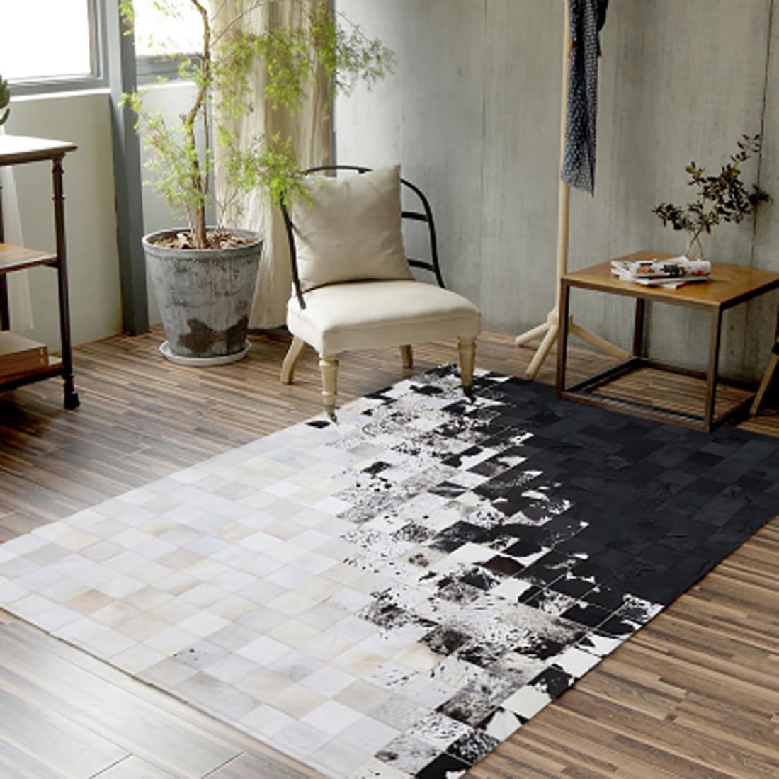 R&RENXIA Tapis Patchwork en Fourrure de Vache Tapis en Peau de Vache véritable Tapis imprimé Vache Premium pour Chambre dortoir Salle à Manger Salon décor Occidental,90×120cm
