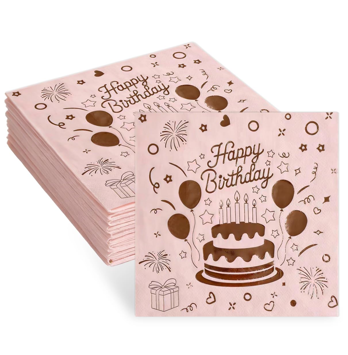 40 Pcs Happy Birthday Napkins-Pink Napkins, Serviettes, Rose Gold Party Set for Table Decorations Cocktail Supplies(2 Layers-33x33cm) — image 1