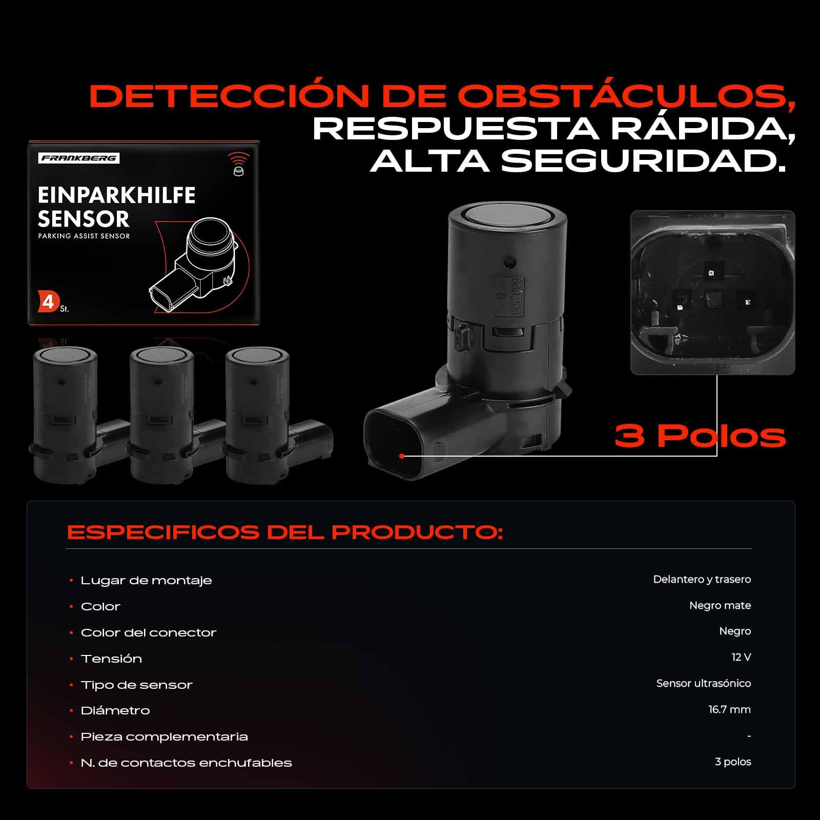 Frankberg 4 sensores de aparcamiento delanteros y traseros 39995142 | Compatible con: XC90 I 275, S80 II 124, S40 II 544, S60 I 384, C70 II Cabriolet 542, V70 II 285, V50 545