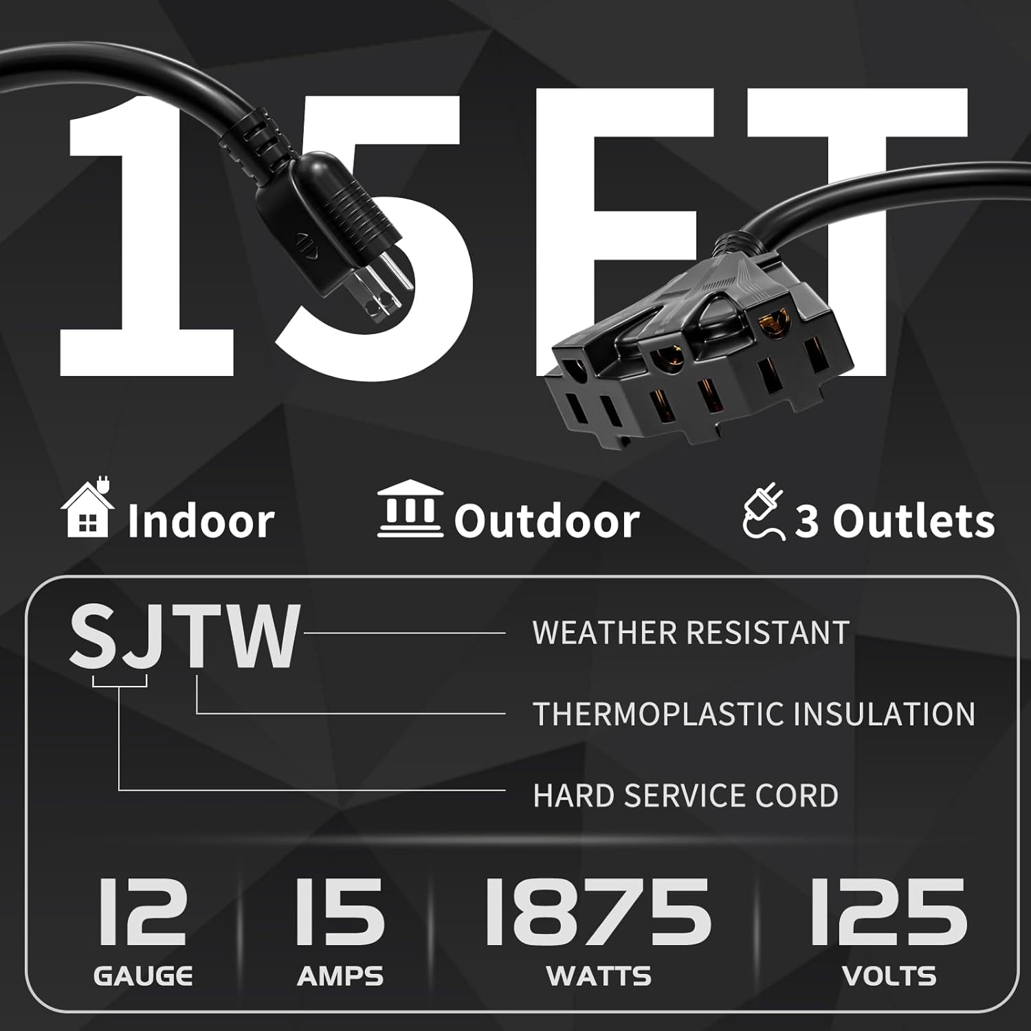 Guliu 15 FT 12/3 Outdoor Extension Cord with 3 Power Outlets, SJTW 12 AWG 15Amp 1875W, 12 Gauge Heavy Duty Black Extension Cable with 3 Prong Grounded Plug for Safety Indoor/Outdoor UL Listed