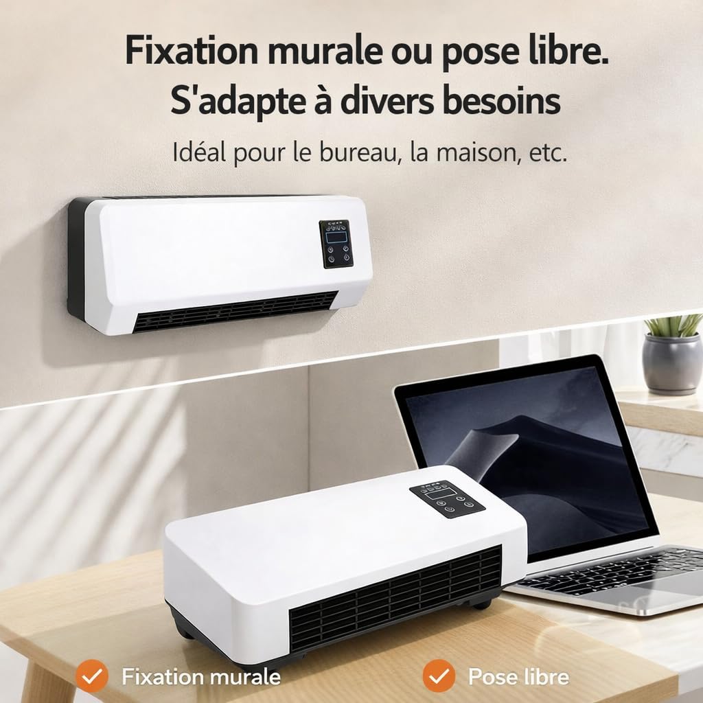 Générique Ventilateur Mural Air Froid et Chauffage avec Télécommande, Ventilateur Chaud/Froid à Poser ou Mural, Écran LCD, Minuterie 8H+, Support de Séchage pour Chambre, Bureau, Salle de Bain