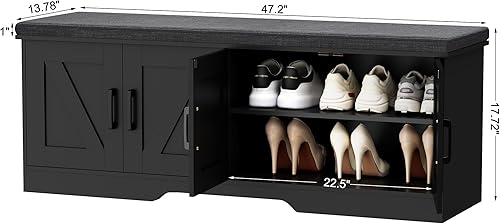 Miniatura 37 de Banco de almacenamiento de 2 niveles, banco de zapatos de 39.4 pulgadas de ancho con cojín de asiento acolchado, banco de entrada con 2 puertas de