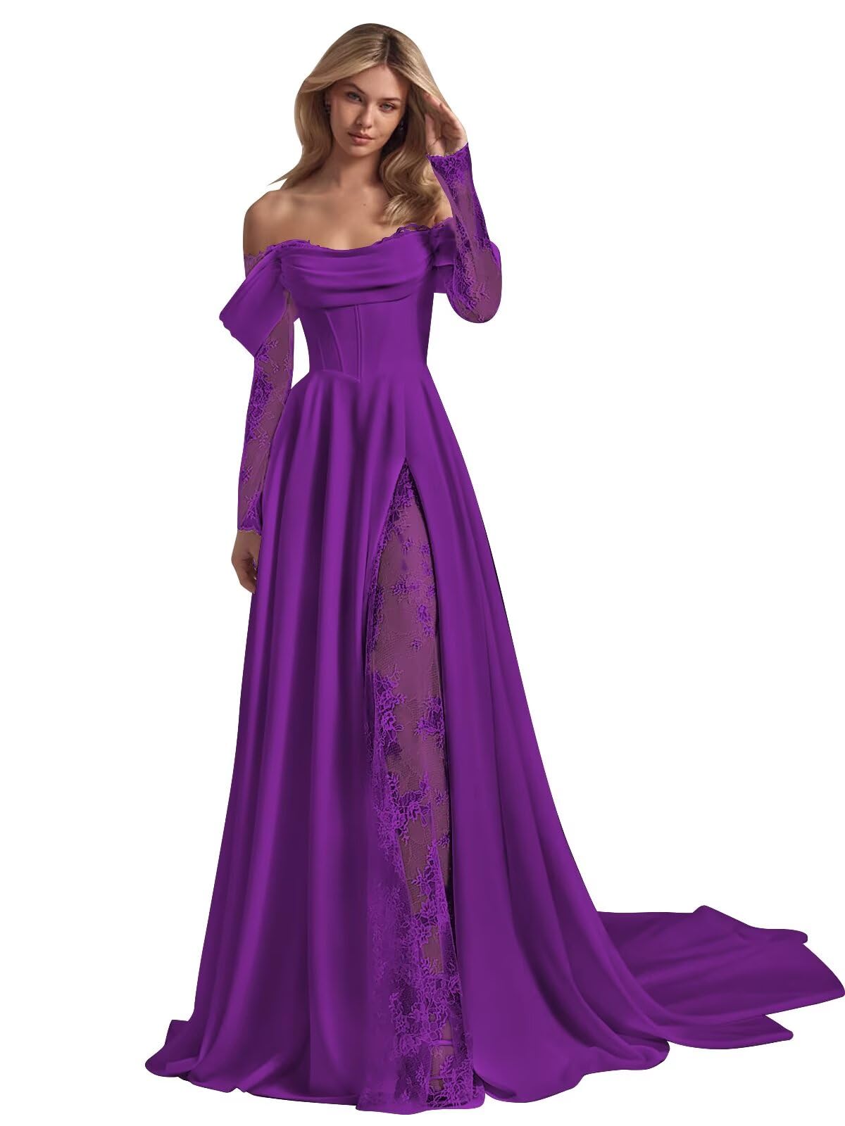 ZPVP Satin Long Sleeve Prom Dresses for Women A Line Lace Corset Ruched Formal Ball Gown with Slit