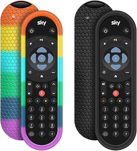 2 Pack Cover for Original Sky Q Voice Remote Control SKY135,Sky Glass Remote Protective Silicone Case SKY Q Touch and Non-Touch Remote Control Sleeve Skin Holder Battery Back Protector-Black,Rainbow