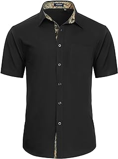 Mens Dress Shirts Short Sleeve Regular Fit Casual Button Down Shirt Inner Contrast Business Formal Pocket Shirt - Buy now