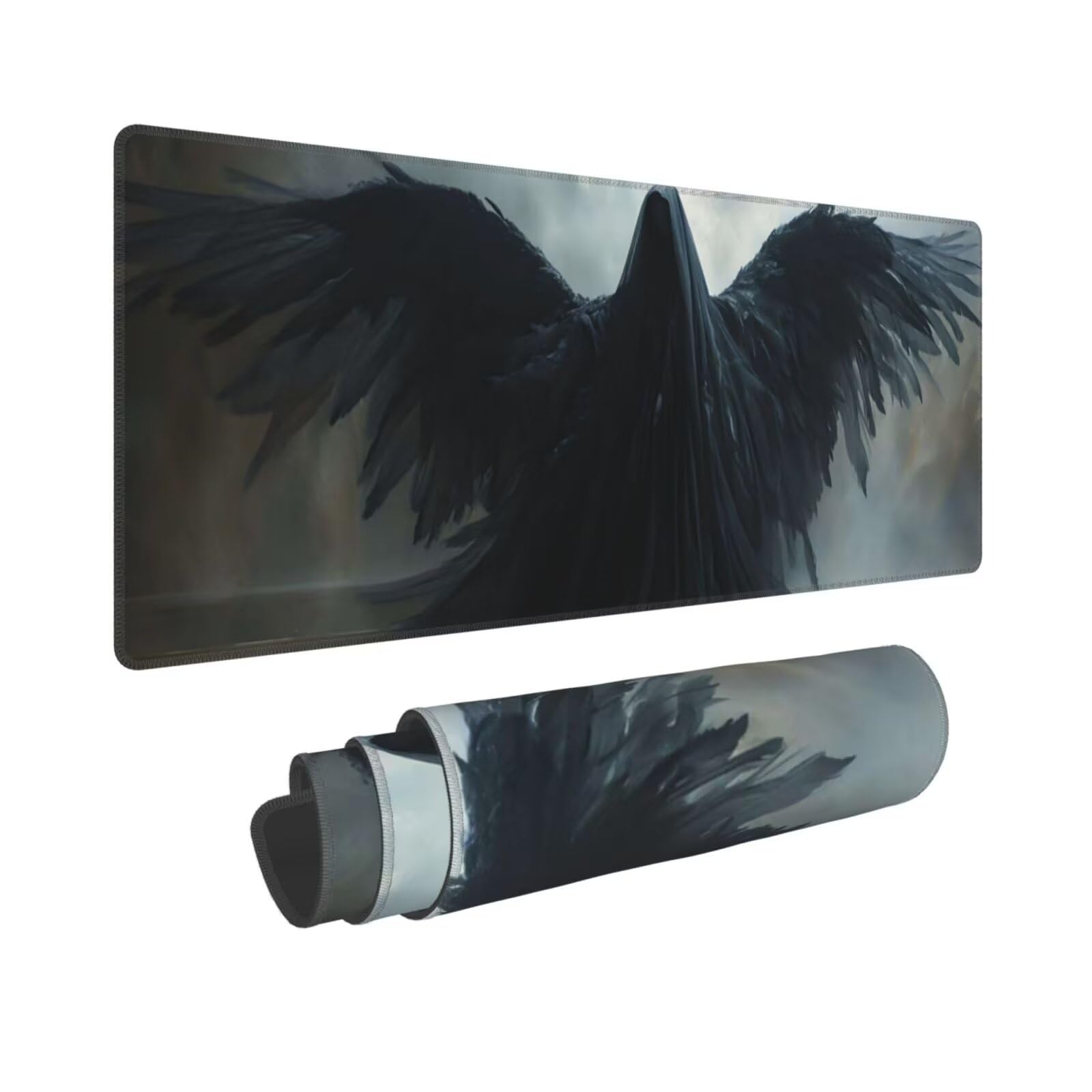 Tappetino Mouse, Tappetino Mouse Gaming Grande XXL 1500x800x3mm Tappetino Scrivania Mouse Pad, Base in Gomma Antiscivolo, Bordi Cuciti,Lavabile, Mousepad per Ufficio e Gaming (Angelo nero) R-281