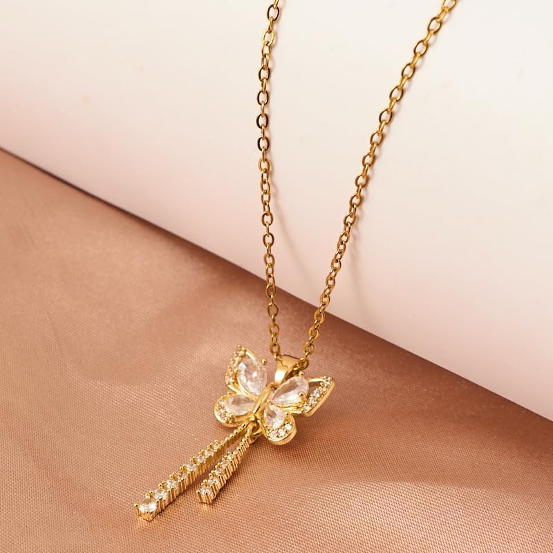 18K Gold Plated Butterfly Pendant Necklace with Cubic Zirconia – Elegant Crystal Drop Chain Jewelry for Women - Image 2