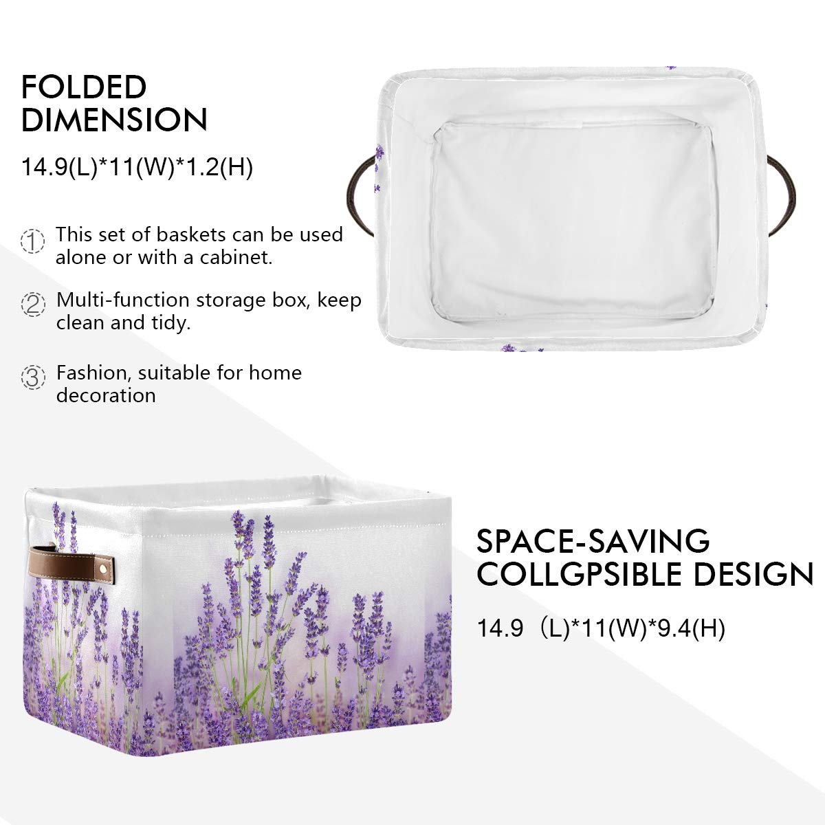 KEEPREAL Lavender Flowers Storage Basket Bin, Large Cube Storage Box Canvas Collapsible Storage Organizer for Home Office Closet - 15 L x 11 W x 9.5 H
