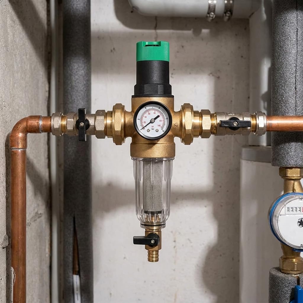 QWORK® Riduttore di Pressione Acqua 1 Pollice, Regolatore di Pressione Acqua con Manometro, Riduttore di Pressione in Ottone con Filtro a Setaccio Autopulente