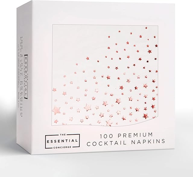 Stylish 5x5 Inch Rose Gold Star Napkins -100 Pack of White and Rose Gold Cocktail Napkins - Add Sparkle to Your Event with Party Napkins - 3 Ply Rose Gold Napkins - Disposable Wedding Napkins