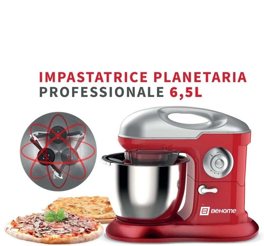 Behome Impastatrice Planetaria Professionale 6,5L Rosso | 10 Velocità, 2 fruste e 1 gancio per impastare