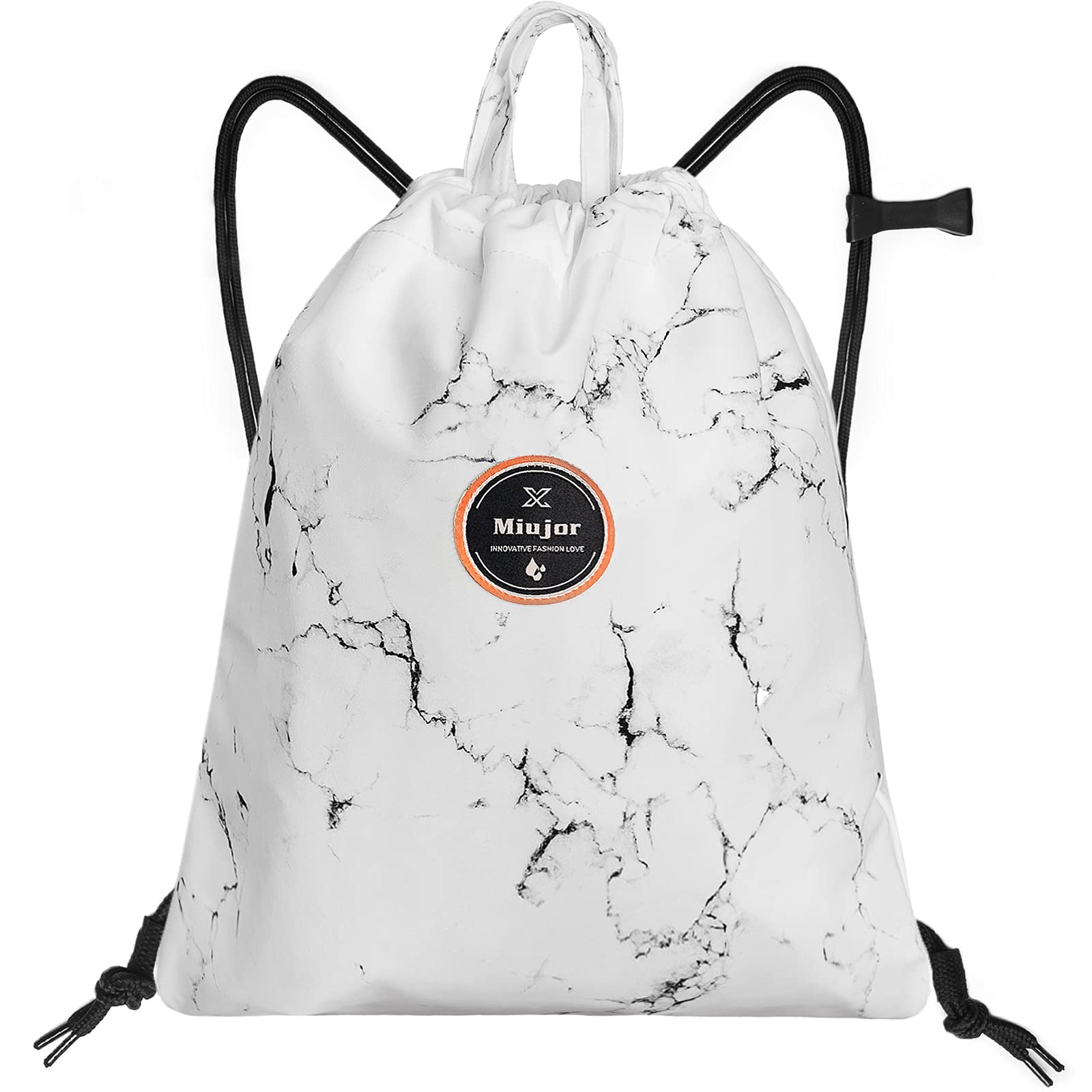 Drawstring Backpack with Wet Pocket Sport Gym String Bag Sackpack Water Resistant Nylon for Women Men Children (White marble, M)