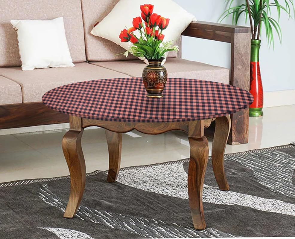 Image of The Furnishing Tree Round Elastic Fitted Center Tpoy Table Cover WxL 18x18 Inches Checkered Pattern Beige