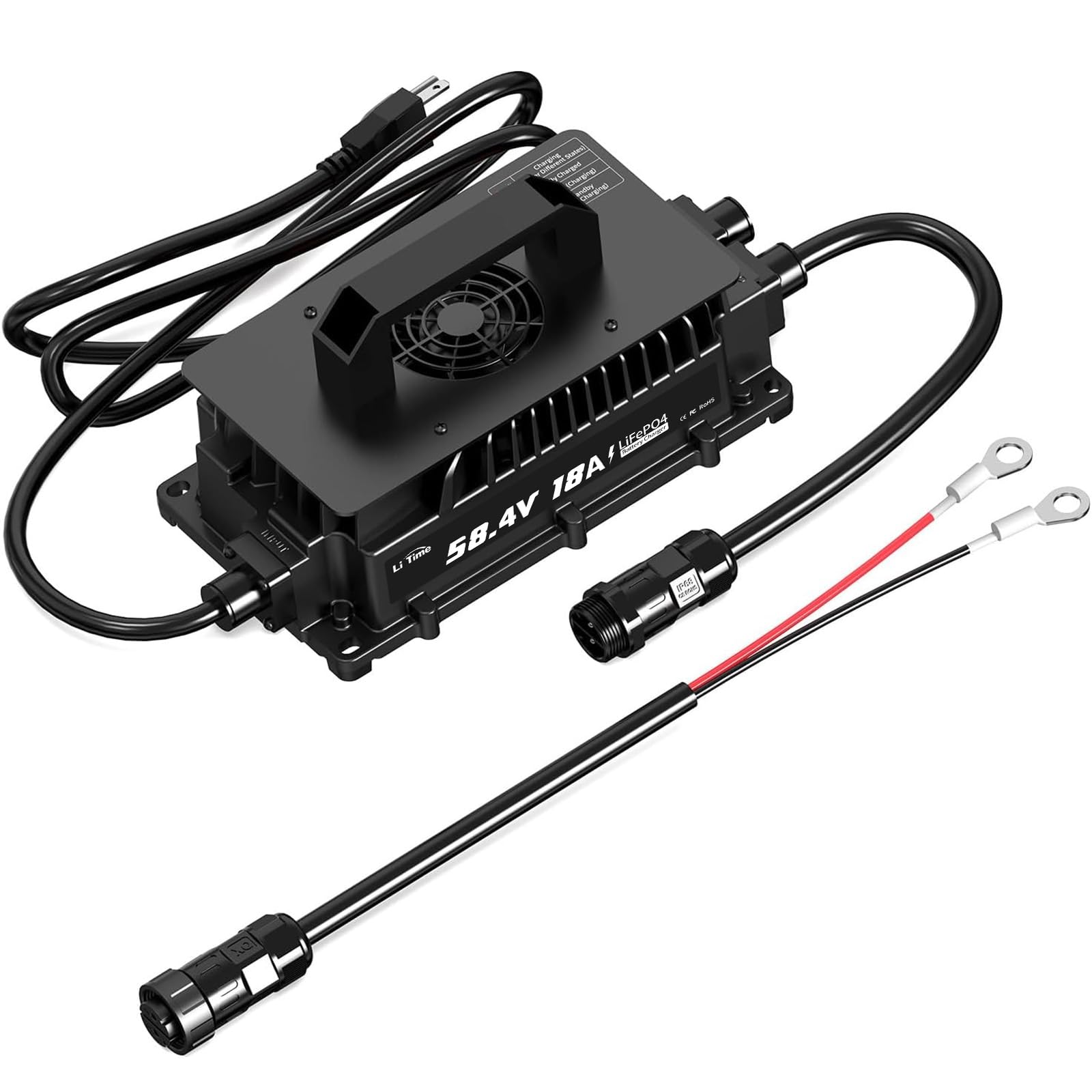 LiTime 58.4V 18A Lithium Battery Charger for 48V (51.2V) LiFePO4 Battery,IP65 Waterproof,AC-DC Smart Charger for Golf cart, Electric Outboard, Boat and Home