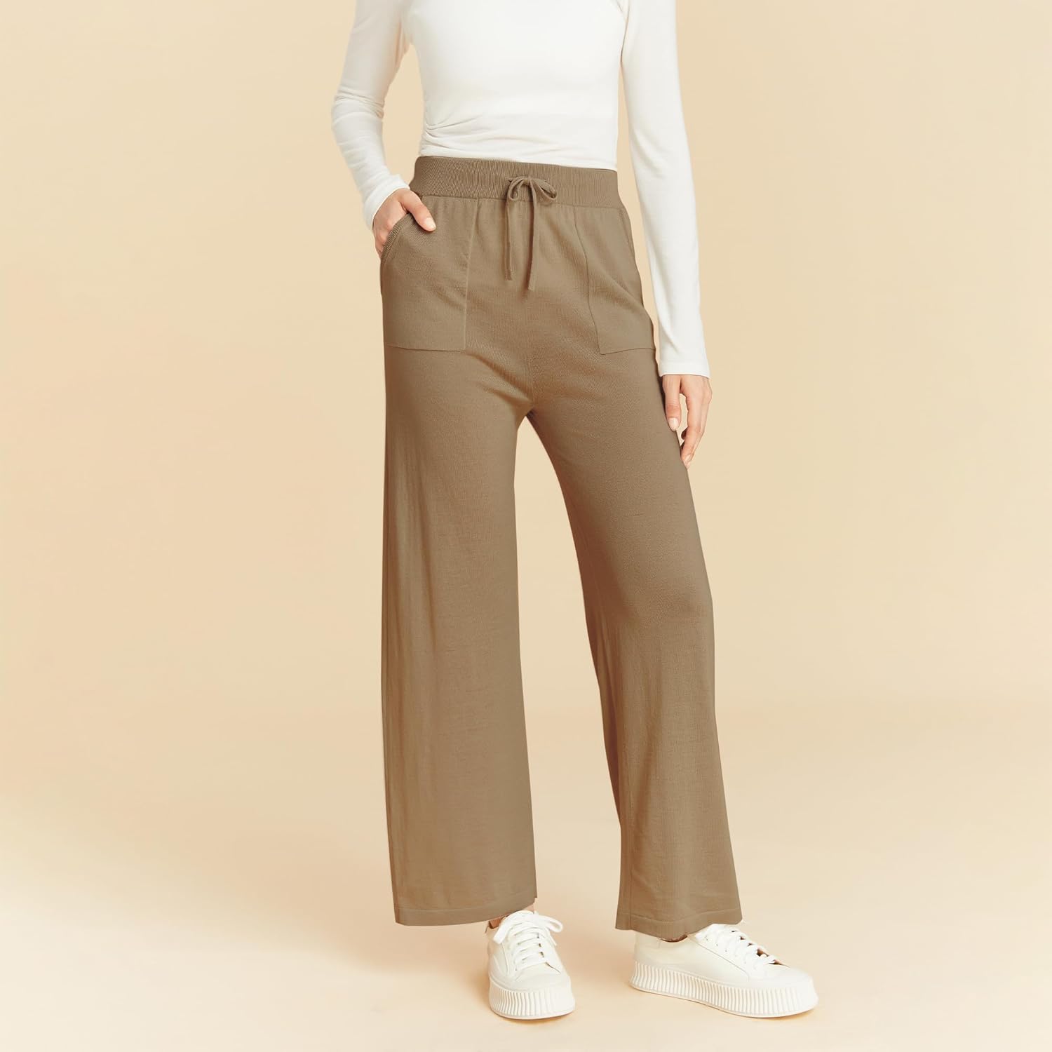 GreenMount Women's Summer Wool Cashmere High Waist Casual Wide Leg Long Pants with Pockets - Image 2