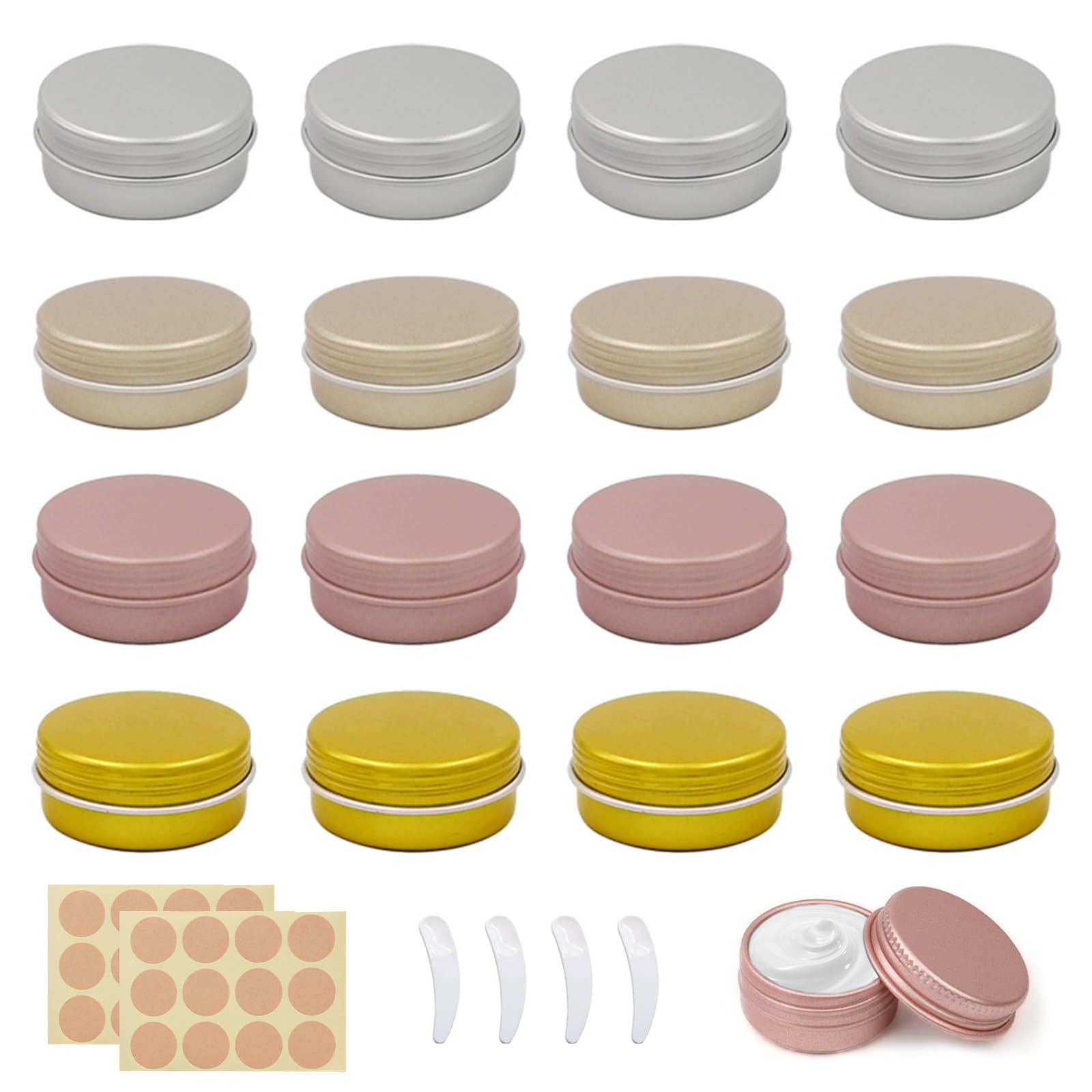 16 Pezzi Vasetti Alluminio 25ML Barattoli Alluminio Vasetto Vuoto con 24 adesivi rotondi e 4 spatole per DIY Candele Cosmetico Lozione Crema Balsamo Labbra