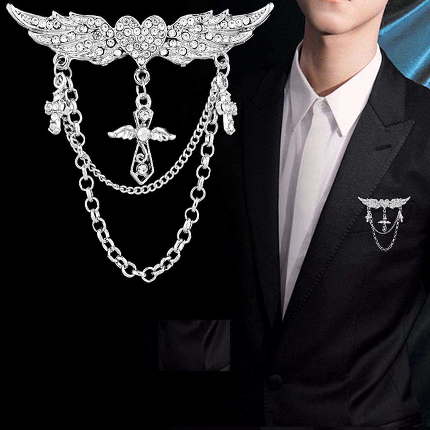 Gold Angel Wings Tassel Chain Brooch Collar Pins for Men,Vintage Love Heart Sweater Shawl Chain Clips Brooch Chain for Men Suits Lapel Pin