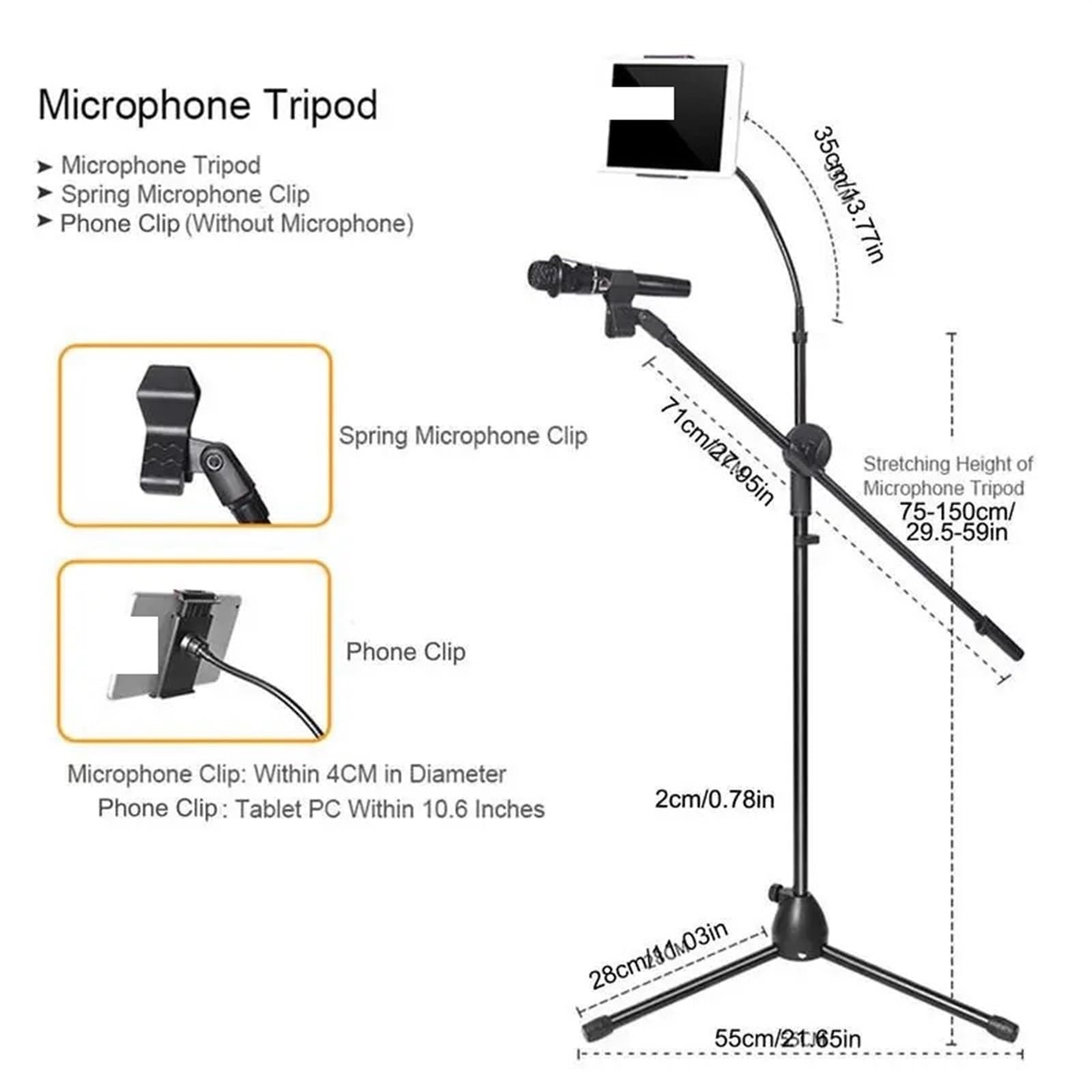 Soporte de micrófono 2 en 1, trípode for suelo con soporte for teléfono, giratorio altura ajustable for actuaciones canto escenario para Actuación Canto