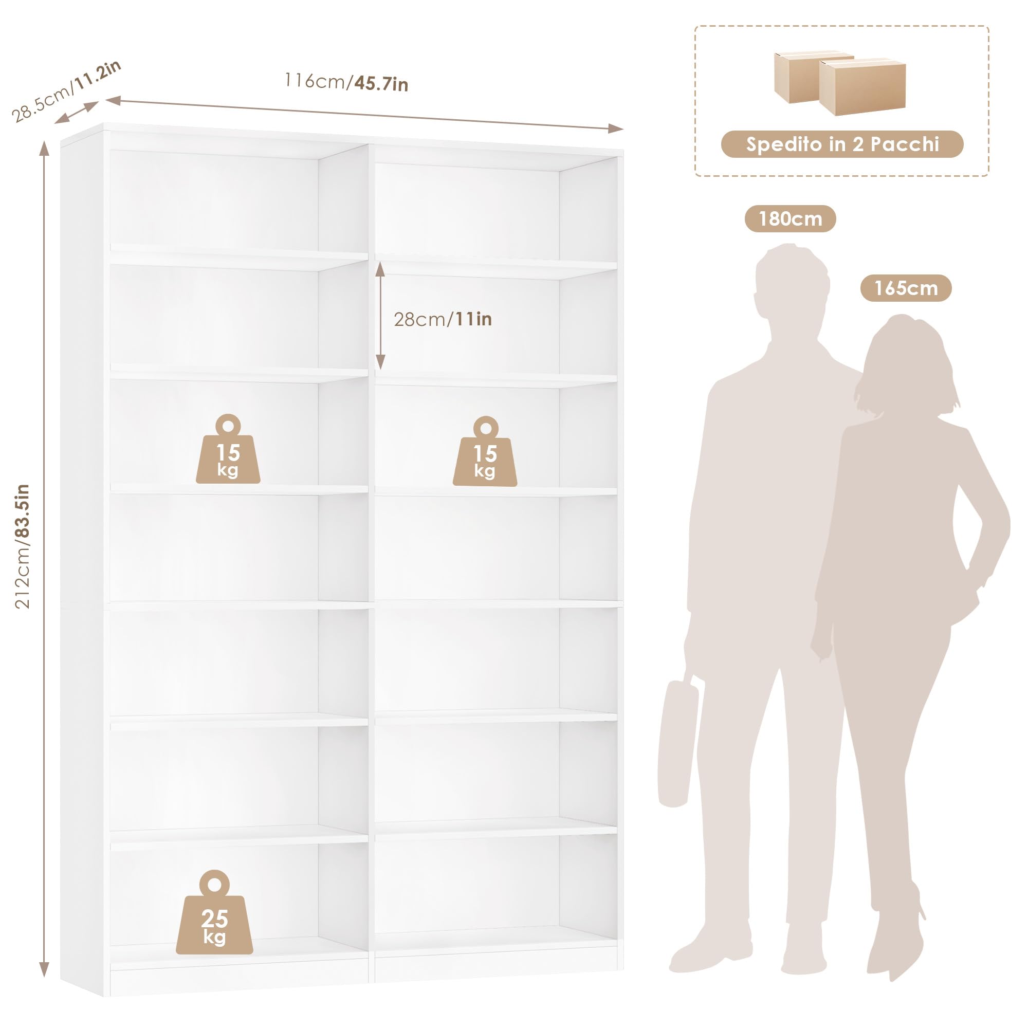 FirFurd 212 cm Libreria Verticale a 7 Ripiani, Libreria da Parete | Vetrina Espositiva a 14 Scomparti Aperti,Divisorio per Ambienti,per Soggiorno, Studio, Cucina, Ufficio,116x28.5x212 cm