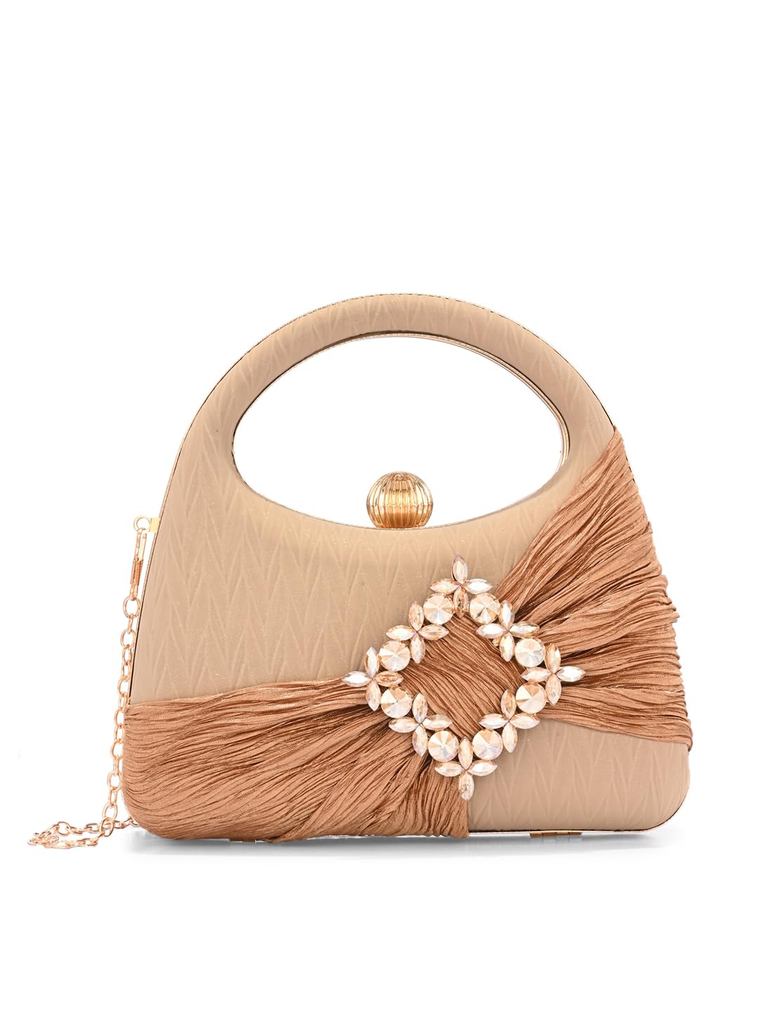 Handicraft Women's Beautiful Bling Box Clutch Bag | Evening Bag, Bridal Purse & Party Handbag | Wedding & Special Occasion Clutch (Gold Mat W Buckle Fold 1)-image-11