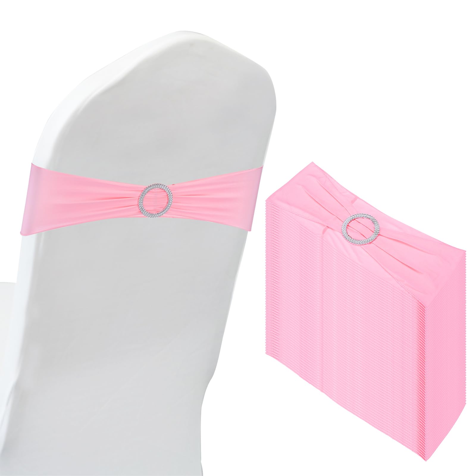PATIKIL 14"x5" Stretch Chair Sashes Bows, 50 Pack Elastic Chair Bands Sashes with Buckle Slider for Wedding Banquet Decorations Pink
