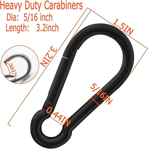 Miniatura 2 de Paquete de 50 mosquetones resistentes, ganchos de resorte grandes de 3.2 pulgadas a granel, mosquetones negros galvanizados para campamento, clips