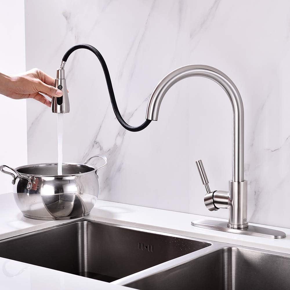 Cheapest 🛒 Leetcp Kitchen Faucet with Pull Down Sprayer, Pull Out Single Handle Kitchen Sink Faucet with Deck Plate, 15.35 high, Brushed Nickel (Brushed Nickle)