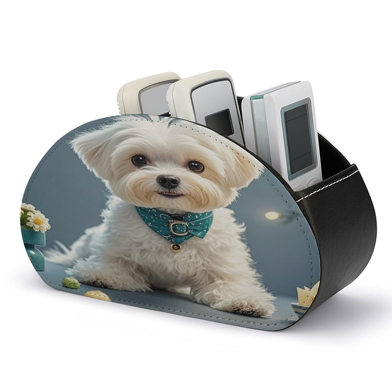FekiLoot Leather Remote Control Holder with 5 Compartments Lovely Maltese Dog Remote Caddy Desktop Organizer Store TV Remote Holder Remote Organizer for Bedside Table Office Desk
