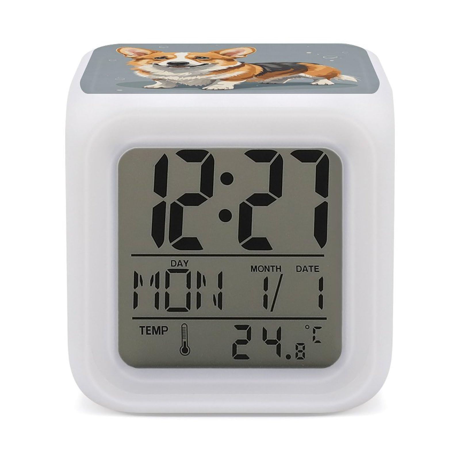 Corgi Pattern Corgi Pattern Alarm Clock for Heavy Sleepers Small Digital Alarm Clock with Date Temperature Wake Up Digital Clocks with 7 Colors Changing Desk Clocks for Bedroom Bedside Nightstand