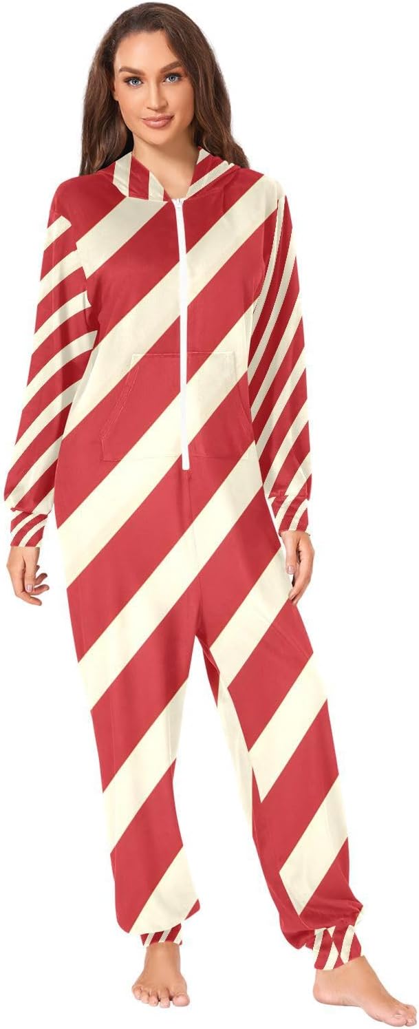 Christmas Red Stripes Adult Onesie Pajamas for Unisex Novelty One Piece Costume Sleepwear