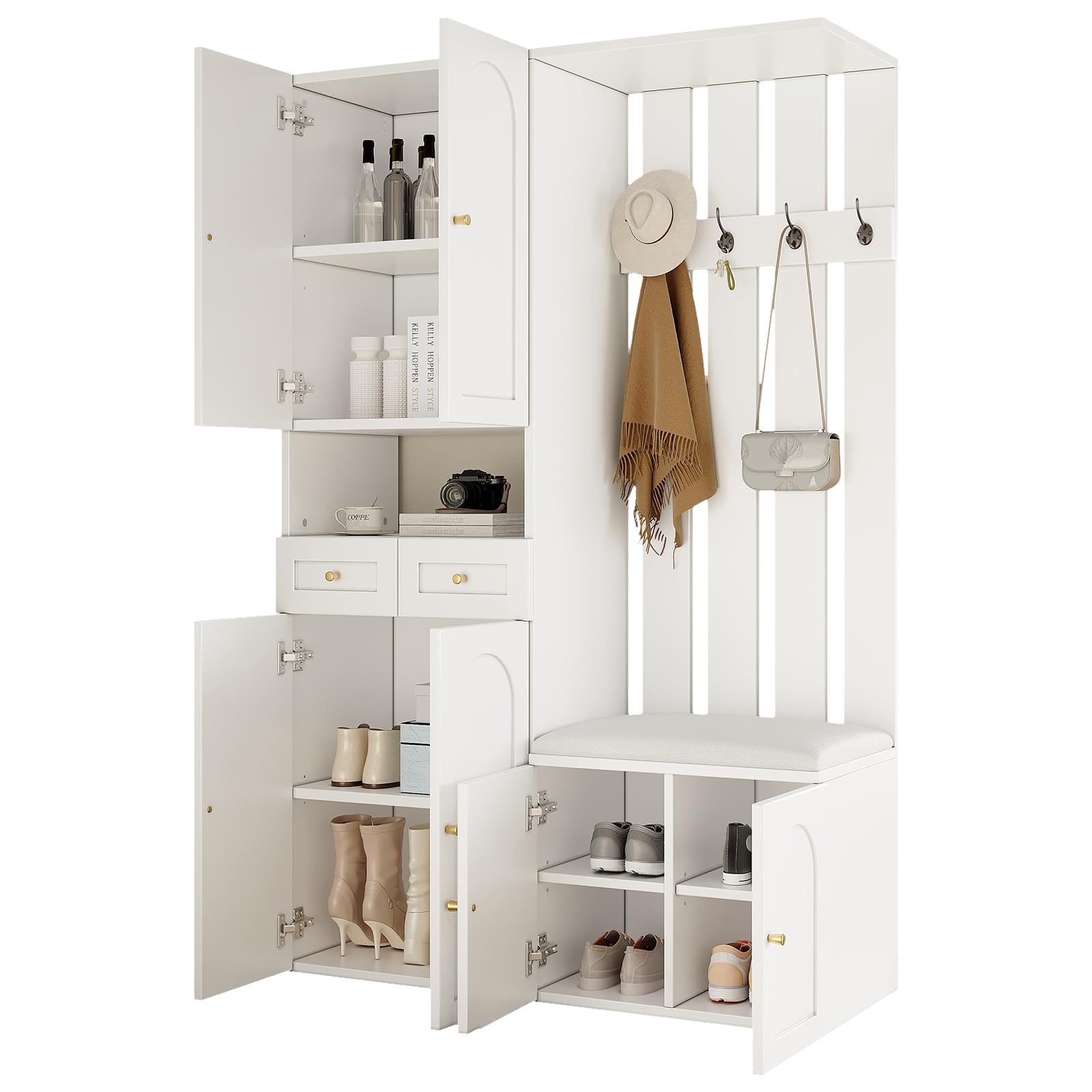 Lcoho Juego de perchero de pared; juego de perchero con zapatero y zapatero, 4 ganchos, 6 puertas, 2 cajones, muebles de pasillo blanco (B110 × 180 × 37 cm)