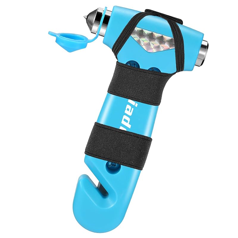 Yiader Martelo Quebra-Vidro Automotivo 3 em 1 com Cortador de Cinto e Faixa Refletiva Azul-claro