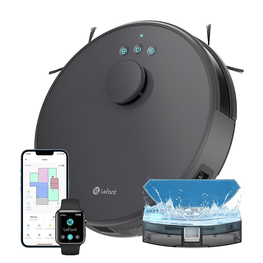 LEFANT Robot Aspirapolvere Lavapavimenti con Mappatura 5500pa,Navigazione LDS,Batteria da 4000mAh,Autonomia 150 min,Robot Aspirapolvere Lavapavimenti Slim per Pulizia Domestica/Peli Animali,grigio