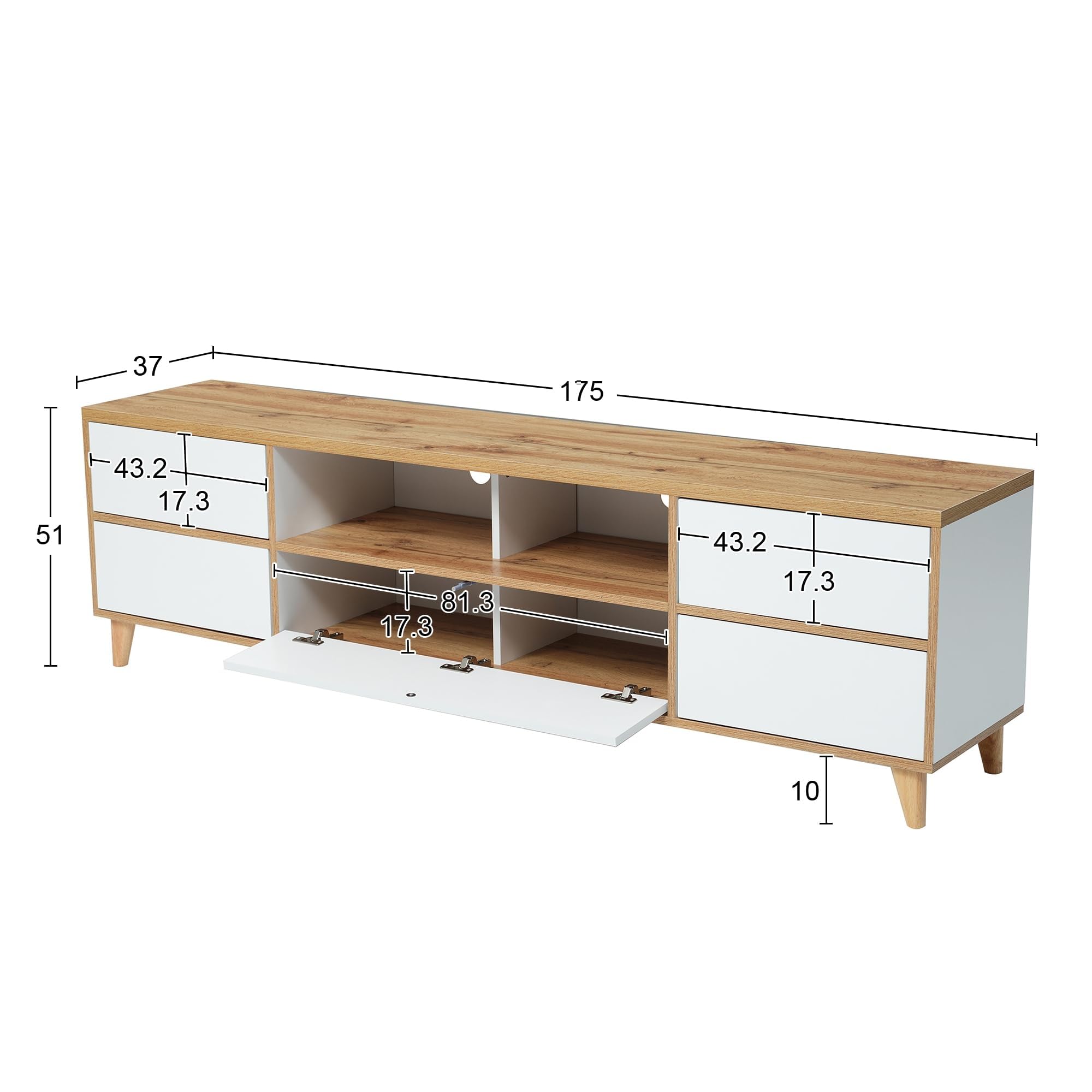 REXO Mueble bajo para TV, mueble de salón en color blanco y madera con compartimentos y puertas de estilo rústico natural.