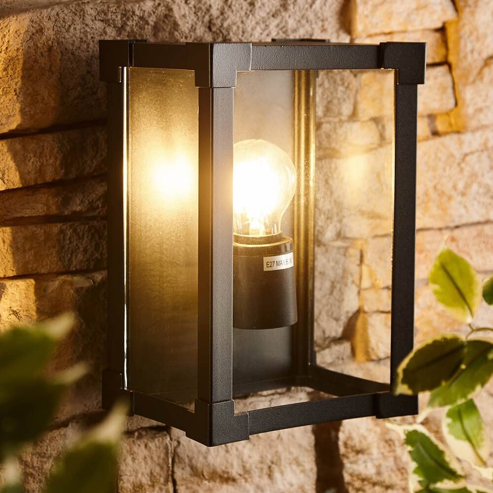 Trueshopping Biard Glass & Black Aluminium Square Flush Outdoor Wall Light - Black