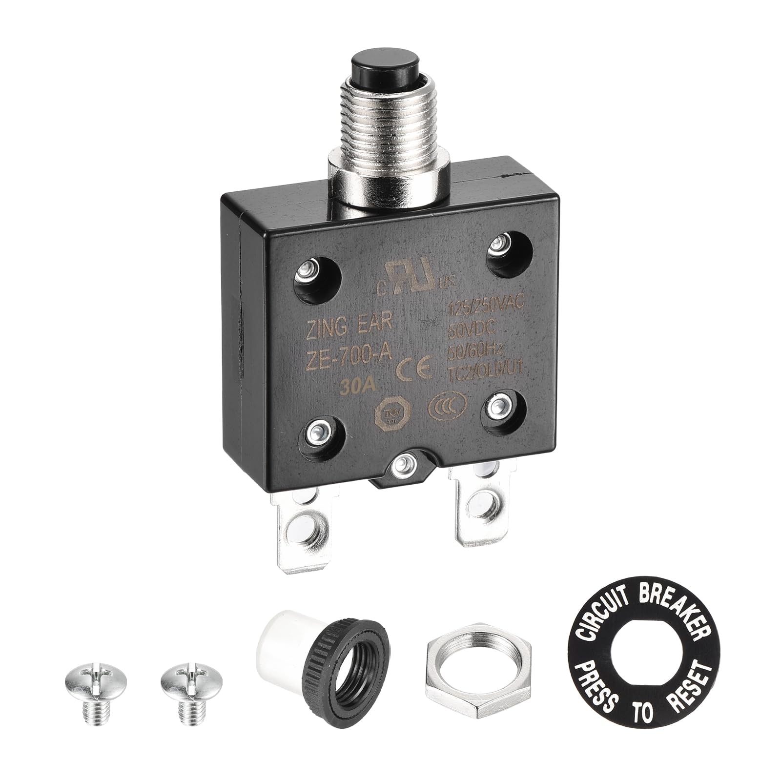 DMiotech 30A Thermal Circuit Breaker 125/250V AC 50V DC 50/60Hz 1.3x0.6x1.9" Push Button Manual Reset Overload Protector with Waterproof Button Cap for Overload Protection Application